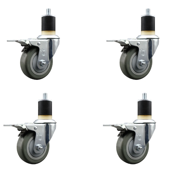 3.5'' Gray Poly Swivel 1-7/8'' Expanding Stem Caster Set Total Lock Brake, 4PK